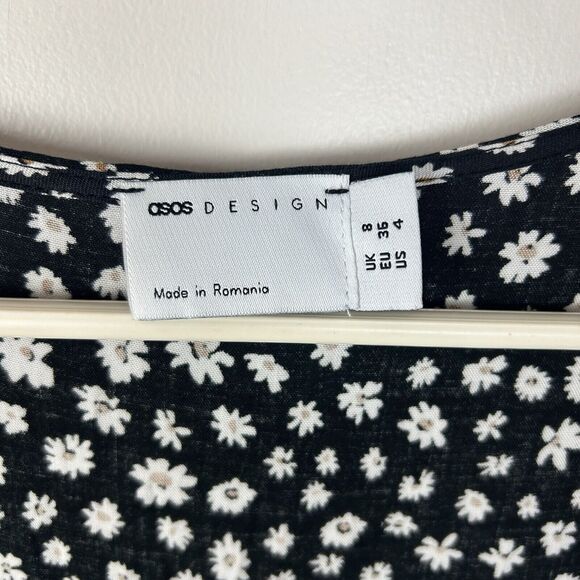 Asos Dress Women's Sz 4 Black Daisy Print Cap Sleeve Knee Length Sundress - Picture 2 of 9